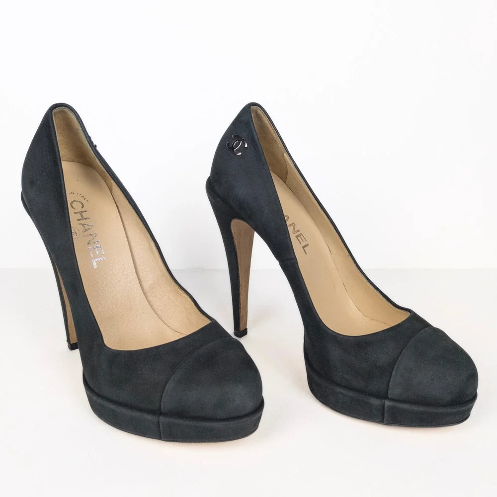CHANEL Black Calfskin Leather Cap Toe CC Platform Pumps Women's FR 39.5 US 8.5